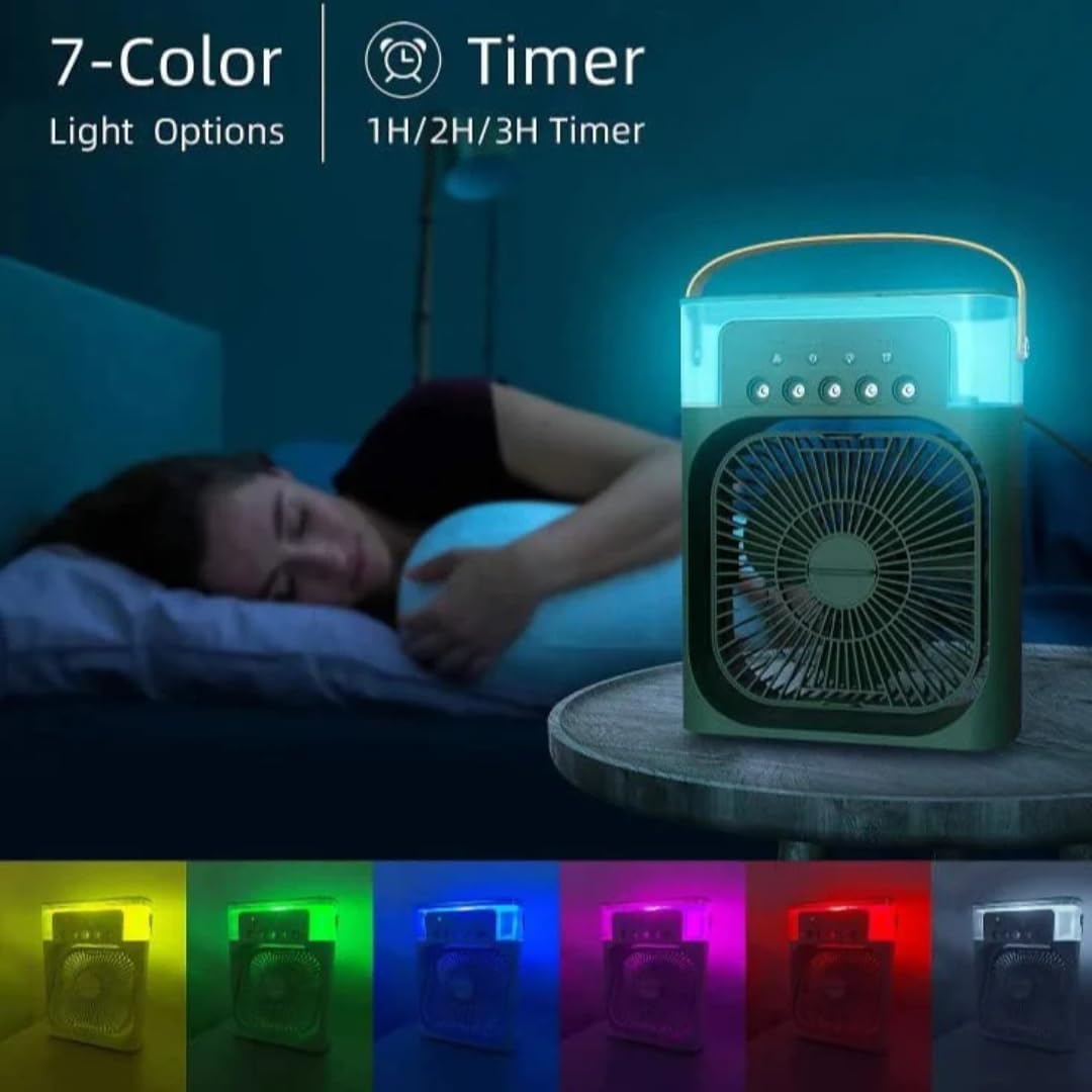 Mini Air Cooler Fan, Mini Evaporative Cooler, USB Desk Fan 3 Wind Speed & 700ml Water Tank with 7 LED Light, 1-3H Timer AC Cooling Fan for car Home (Portable Air Conditioner Cooling- random colour)