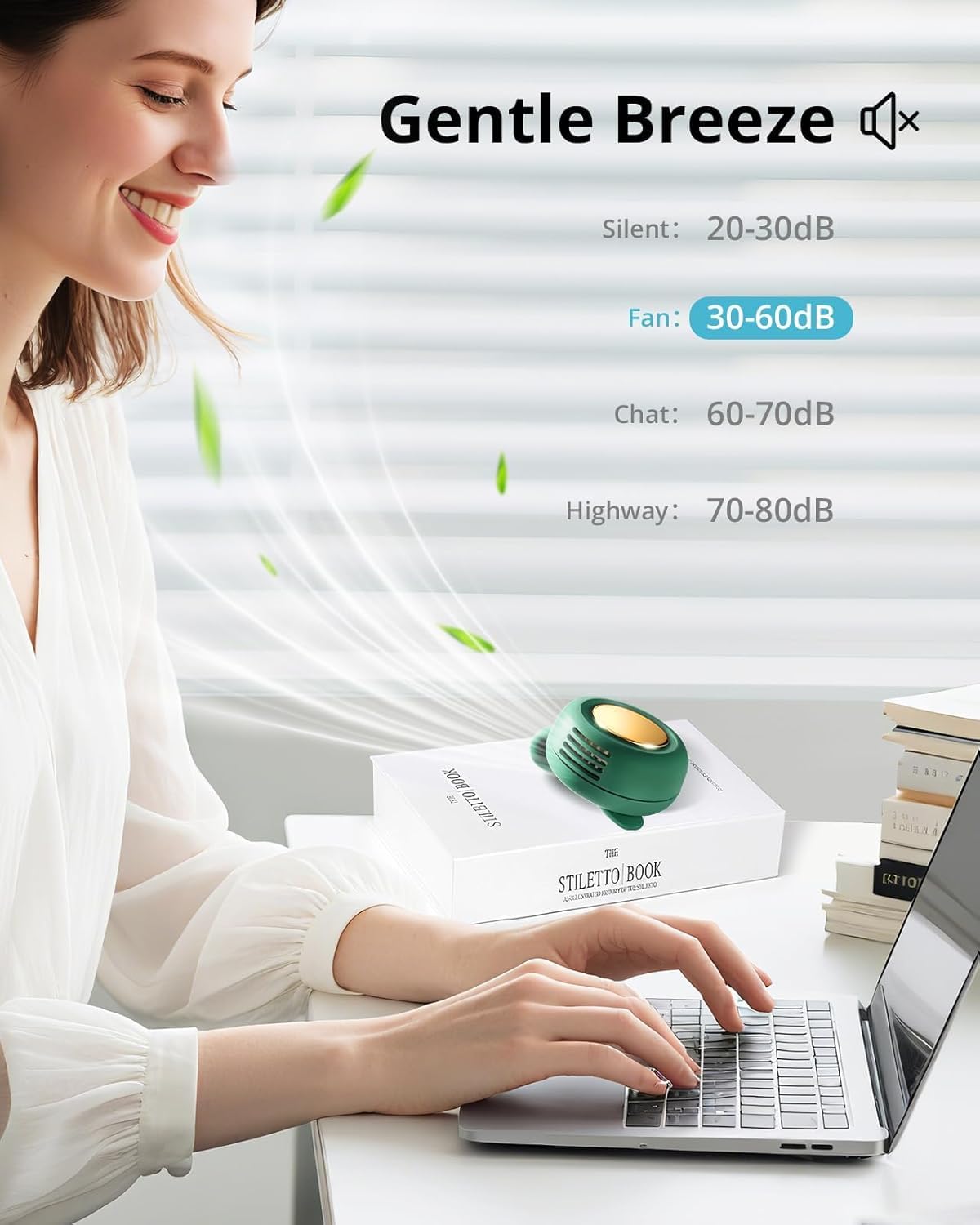 Portable silent mini bladeless fan 3-speed clip-on fan 360° rotatable, suitable for outdoor, travel and office use, travel accessory (Green)