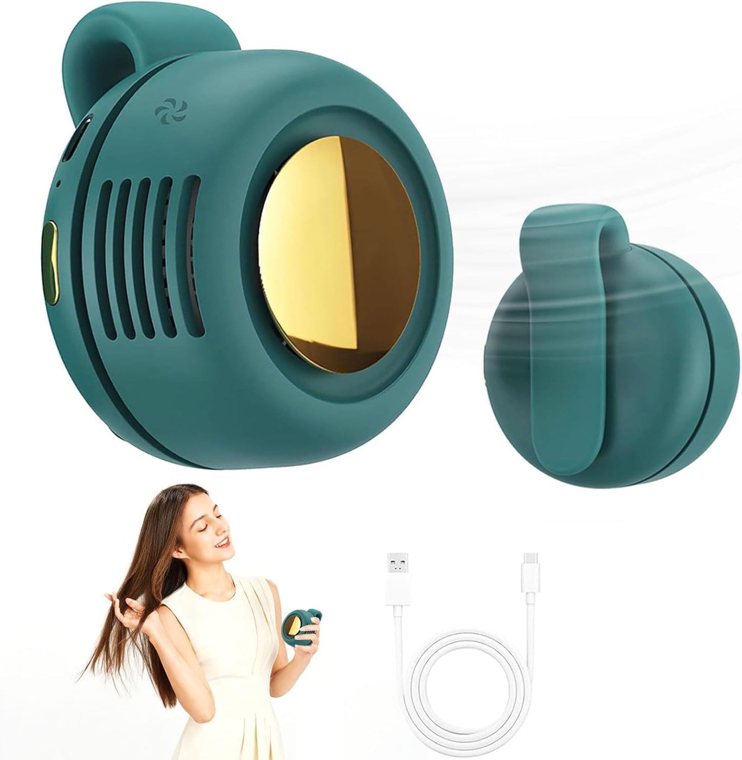 Portable silent mini bladeless fan 3-speed clip-on fan 360° rotatable, suitable for outdoor, travel and office use, travel accessory (Green)