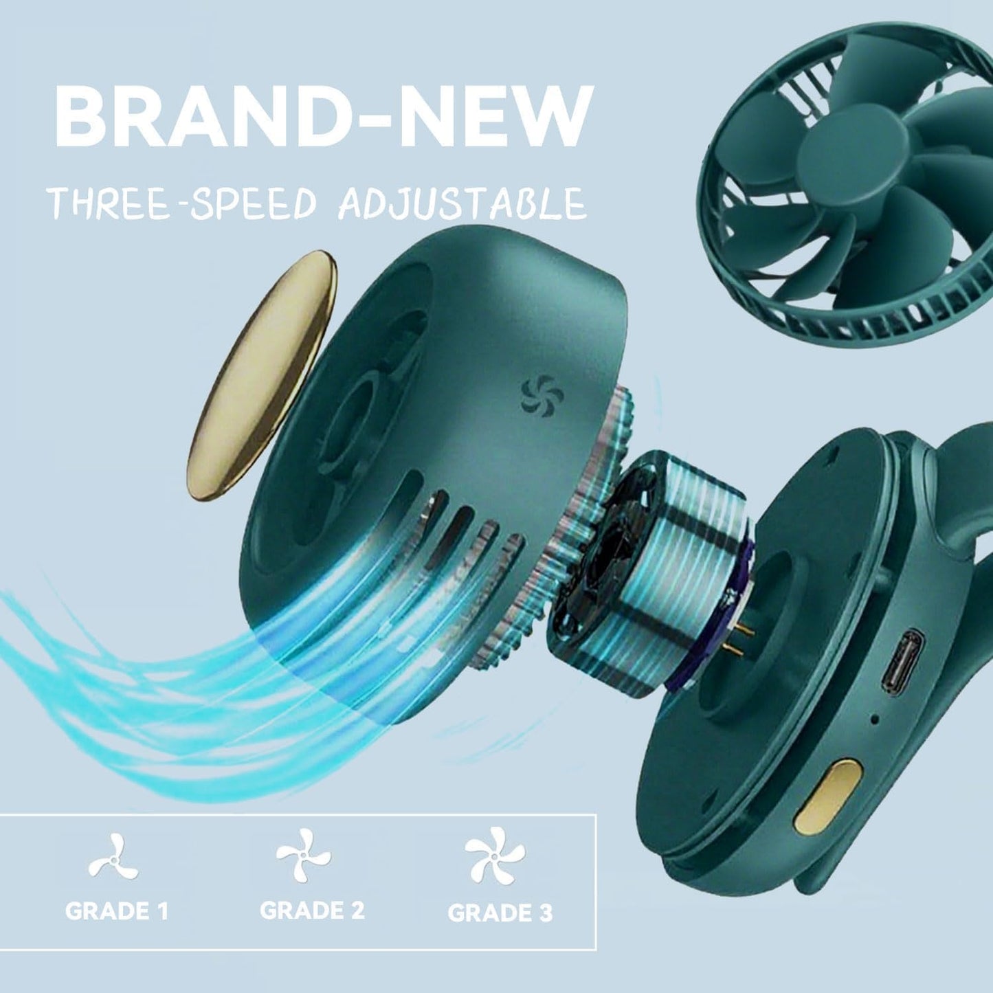 Portable silent mini bladeless fan 3-speed clip-on fan 360° rotatable, suitable for outdoor, travel and office use, travel accessory (Green)