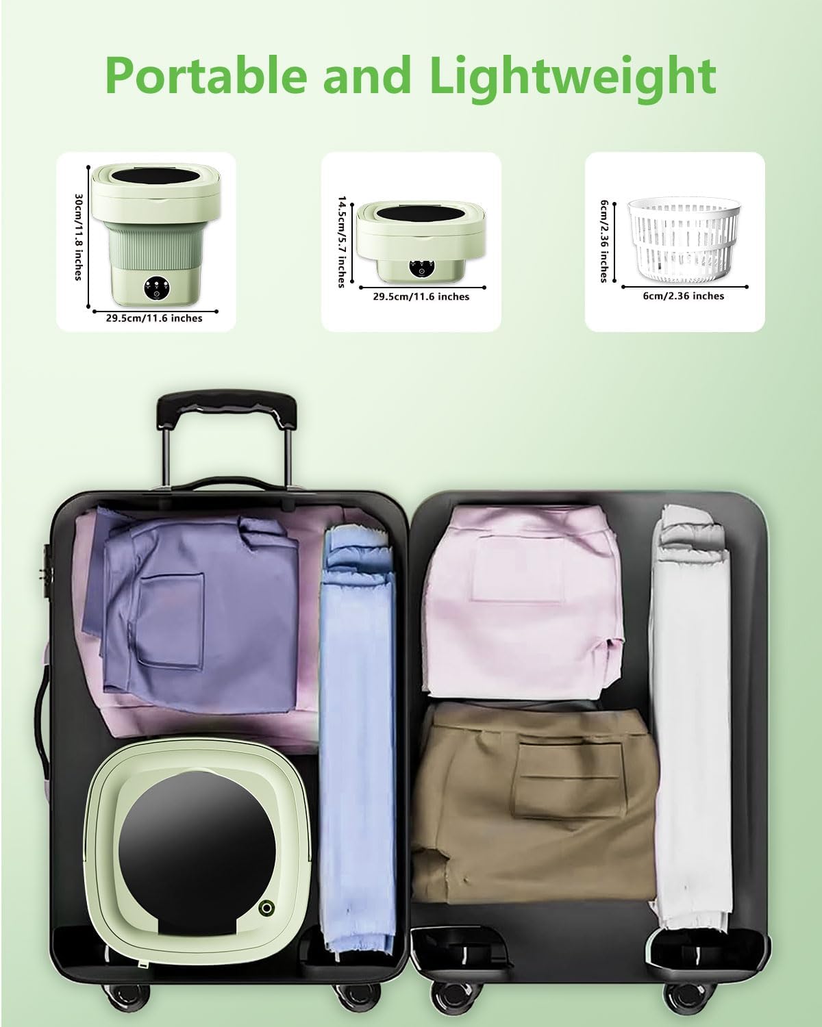 9L Portable Washing Machine, Mini Laundry Washer with 3 Kinds of Time Modes, for Underwear, Baby Clothes, Sock, Small Delicates. Foldable Washing Machine for Apartment, Home, Hotel, Camping, RV(Green)