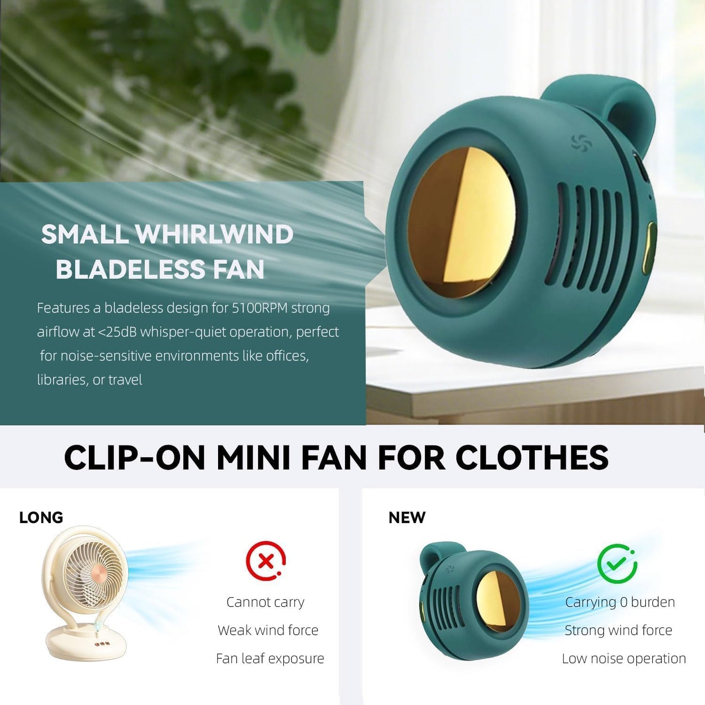 Portable silent mini bladeless fan 3-speed clip-on fan 360° rotatable, suitable for outdoor, travel and office use, travel accessory (Green)