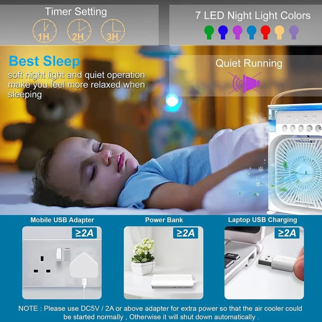 Mini Air Cooler Fan, Mini Evaporative Cooler, USB Desk Fan 3 Wind Speed & 700ml Water Tank with 7 LED Light, 1-3H Timer AC Cooling Fan for car Home (Portable Air Conditioner Cooling- random colour)