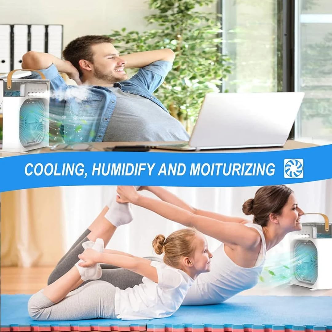 Mini Air Cooler Fan, Mini Evaporative Cooler, USB Desk Fan 3 Wind Speed & 700ml Water Tank with 7 LED Light, 1-3H Timer AC Cooling Fan for car Home (Portable Air Conditioner Cooling- random colour)