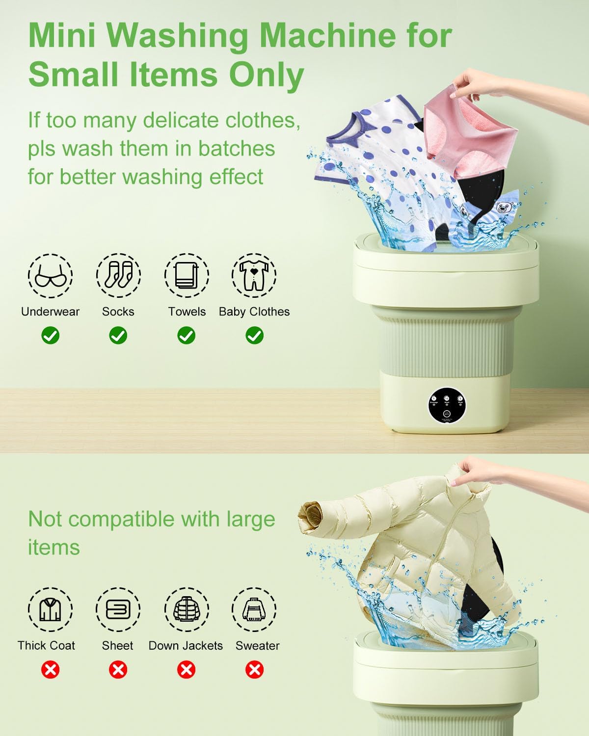 9L Portable Washing Machine, Mini Laundry Washer with 3 Kinds of Time Modes, for Underwear, Baby Clothes, Sock, Small Delicates. Foldable Washing Machine for Apartment, Home, Hotel, Camping, RV(Green)