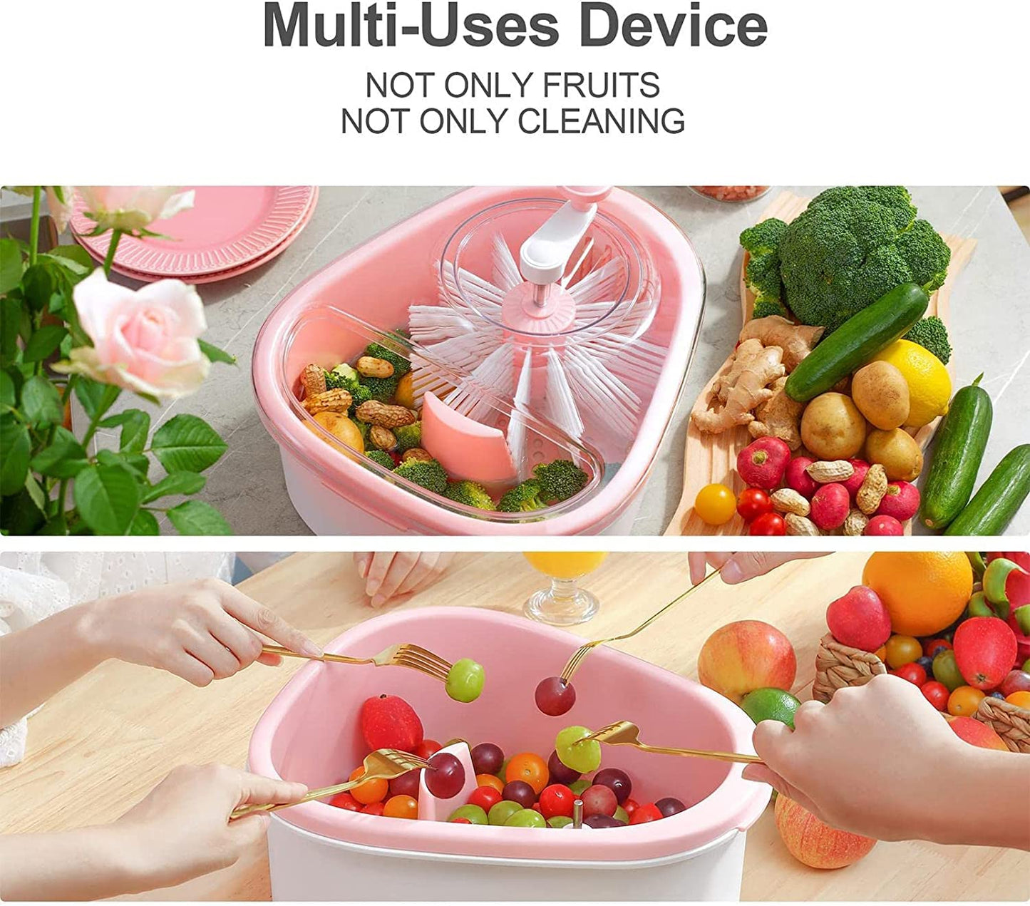Fruit Cleaning Device 720 Degree Scrubbing Fruit And Vegetable Wash - Fruit And Vegetable Cleaning With Full-Sided Spin Scrubber Brush For Kitchen (Vegetable (Pink)
