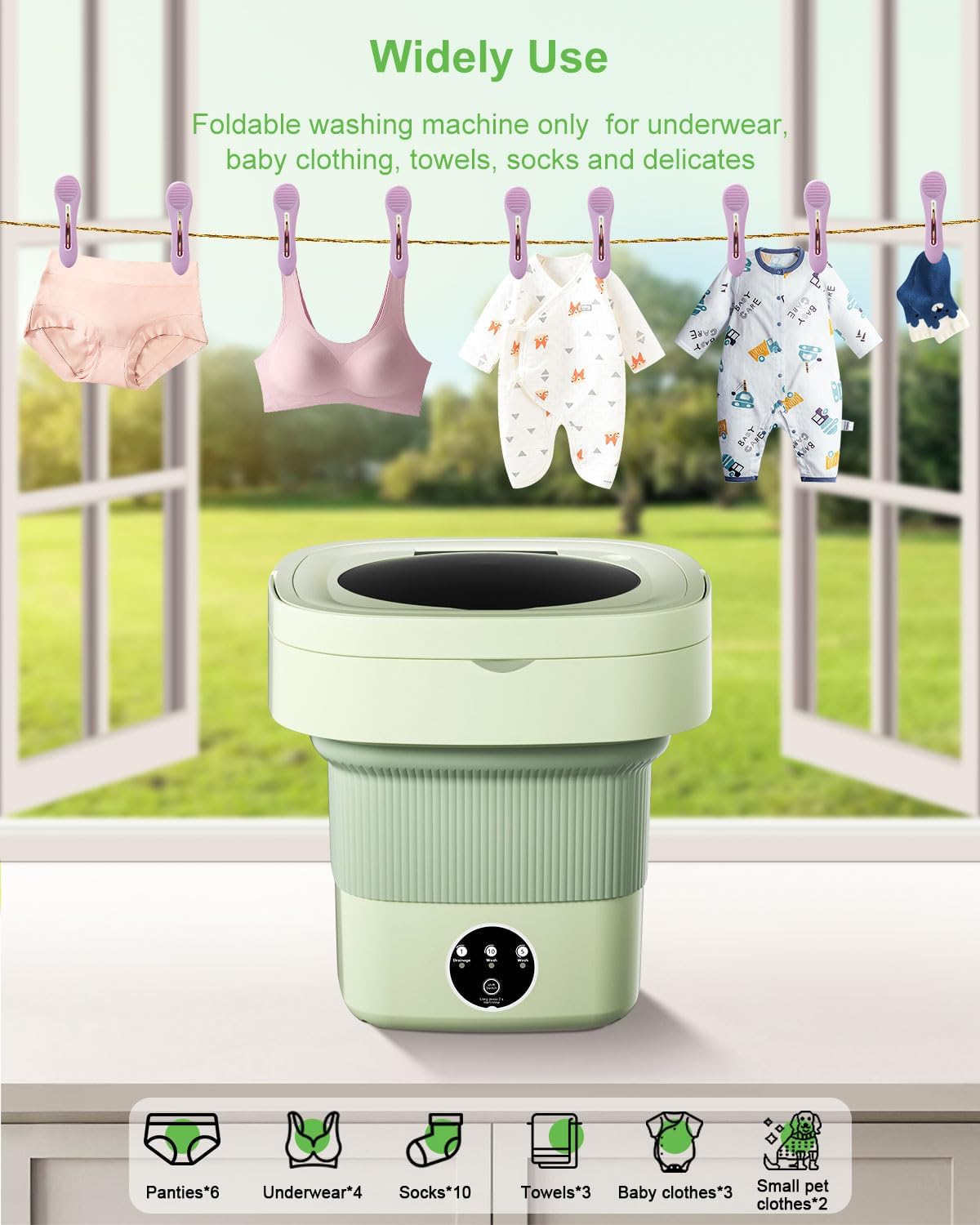 9L Portable Washing Machine, Mini Laundry Washer with 3 Kinds of Time Modes, for Underwear, Baby Clothes, Sock, Small Delicates. Foldable Washing Machine for Apartment, Home, Hotel, Camping, RV(Green)