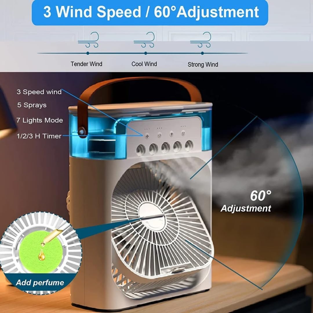 Mini Air Cooler Fan, Mini Evaporative Cooler, USB Desk Fan 3 Wind Speed & 700ml Water Tank with 7 LED Light, 1-3H Timer AC Cooling Fan for car Home (Portable Air Conditioner Cooling- random colour)