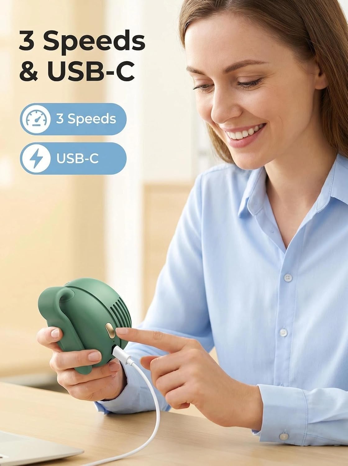 Portable silent mini bladeless fan 3-speed clip-on fan 360° rotatable, suitable for outdoor, travel and office use, travel accessory (Green)