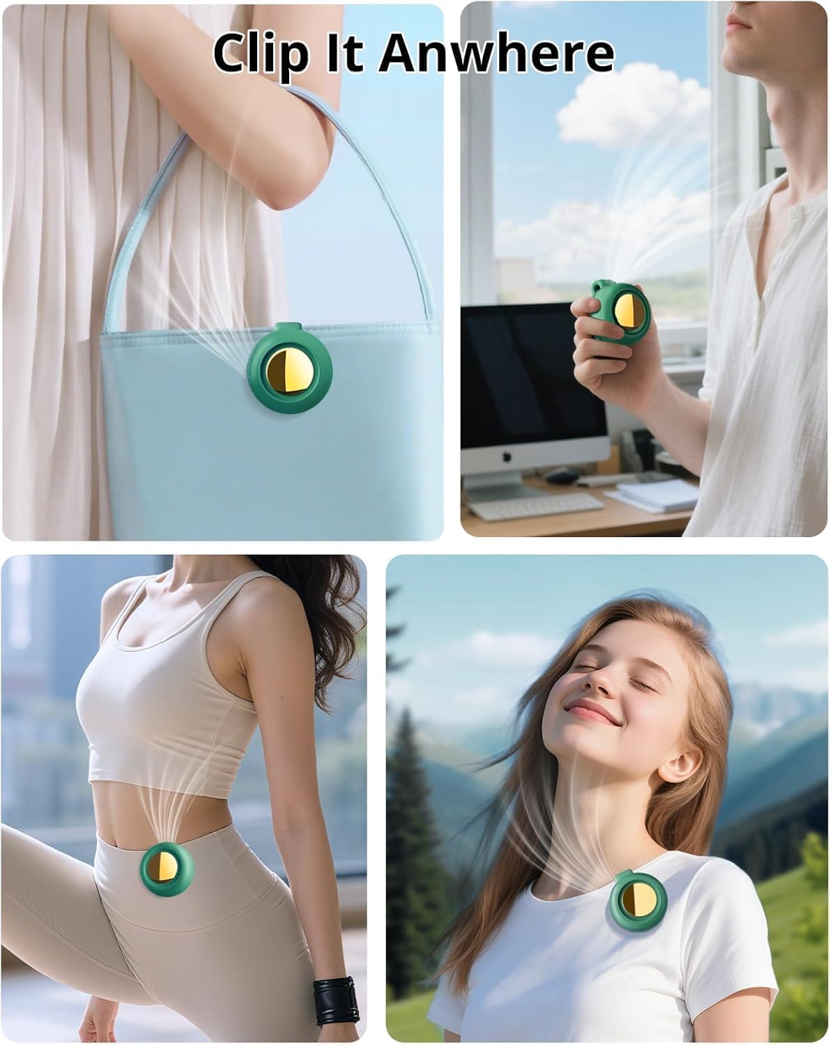 Portable silent mini bladeless fan 3-speed clip-on fan 360° rotatable, suitable for outdoor, travel and office use, travel accessory (Green)