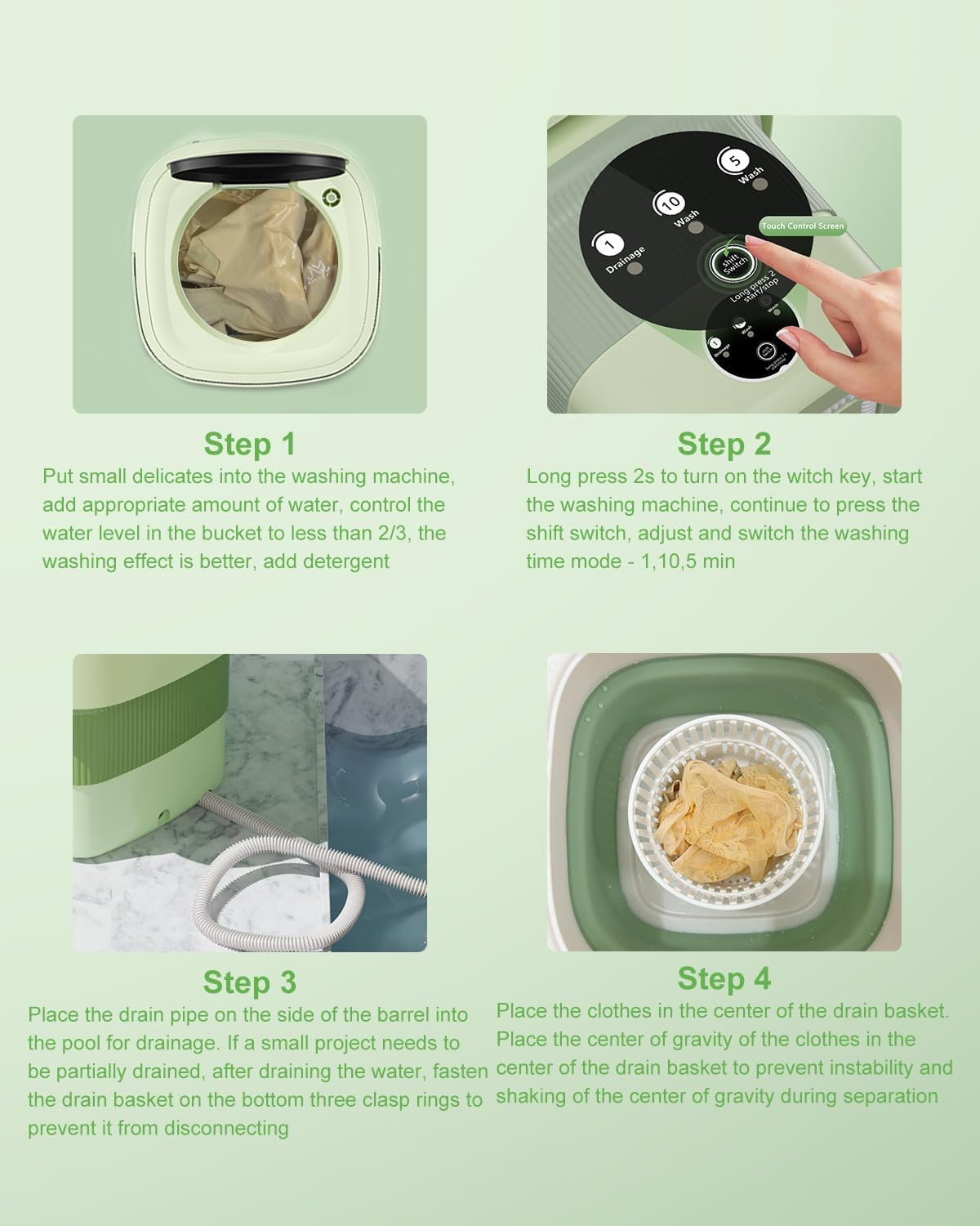 9L Portable Washing Machine, Mini Laundry Washer with 3 Kinds of Time Modes, for Underwear, Baby Clothes, Sock, Small Delicates. Foldable Washing Machine for Apartment, Home, Hotel, Camping, RV(Green)