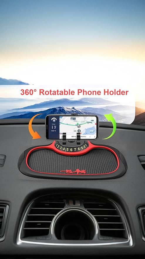 Sweet seven® Non-Slip Car Phone Pad - 360° Rotating Dashboard Mat, Universal Anti-Slip Holder with Hidden Number Plate - 3-in-1 Multifunctional Auto Accessory