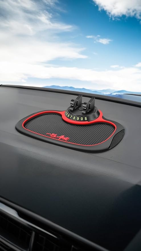 Sweet seven® Non-Slip Car Phone Pad - 360° Rotating Dashboard Mat, Universal Anti-Slip Holder with Hidden Number Plate - 3-in-1 Multifunctional Auto Accessory