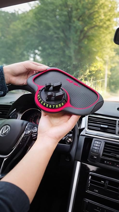 Sweet seven® Non-Slip Car Phone Pad - 360° Rotating Dashboard Mat, Universal Anti-Slip Holder with Hidden Number Plate - 3-in-1 Multifunctional Auto Accessory