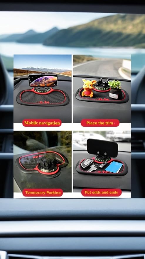 Sweet seven® Non-Slip Car Phone Pad - 360° Rotating Dashboard Mat, Universal Anti-Slip Holder with Hidden Number Plate - 3-in-1 Multifunctional Auto Accessory
